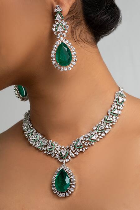 Shop Zevar King Green Stones Embellished Necklace Set at Aza Fashions Shop_Zevar King_Green Stones Embellished Necklace Set_at_Aza_Fashions