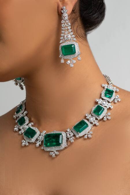 Zevar King_Green Stones Designer Embellished Necklace Set _Online_at_Aza_Fashions
