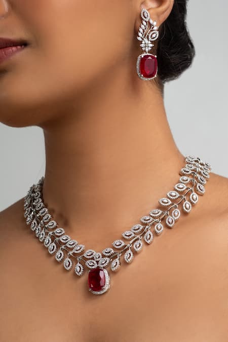 Zevar King_Red Stones Embellished Necklace Set _Online_at_Aza_Fashions