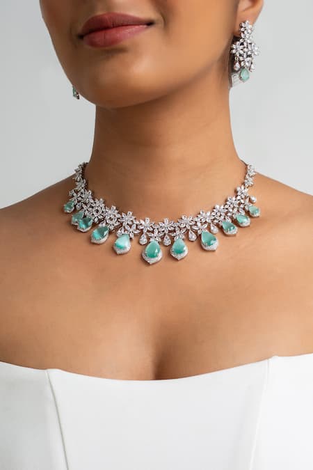 Zevar King Mint Green Stone Embellished Necklace Set 