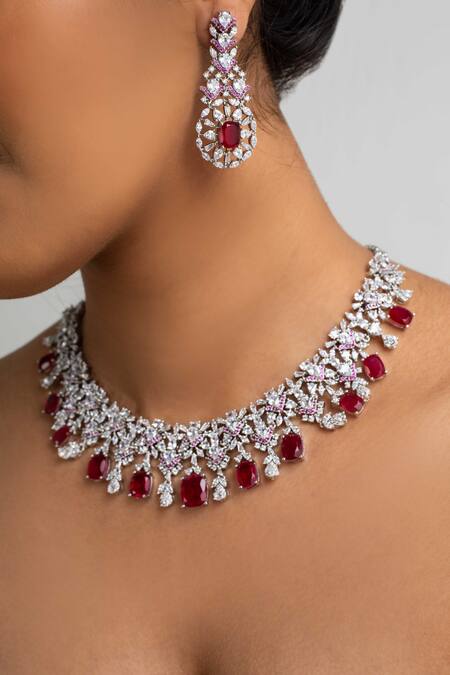 Zevar King_Red Stones Embellished Necklace Set _Online_at_Aza_Fashions