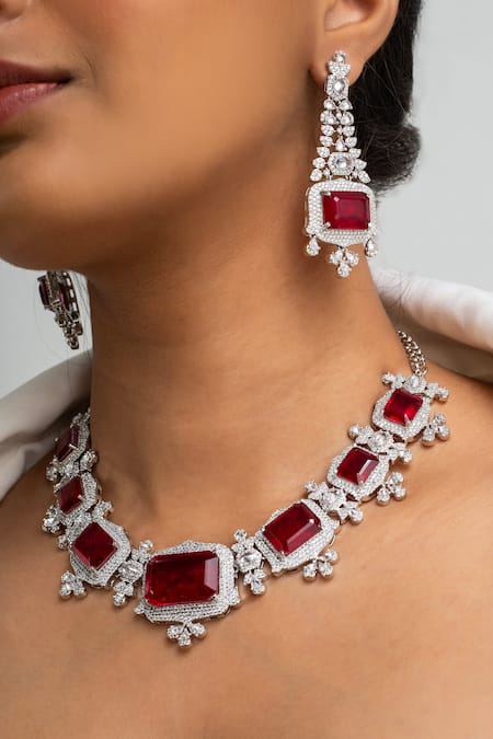 Zevar King_Red Stones Embellished Necklace Set _Online_at_Aza_Fashions