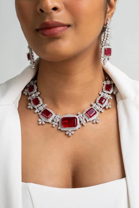 Zevar King Red Stone Embellished Necklace Set 