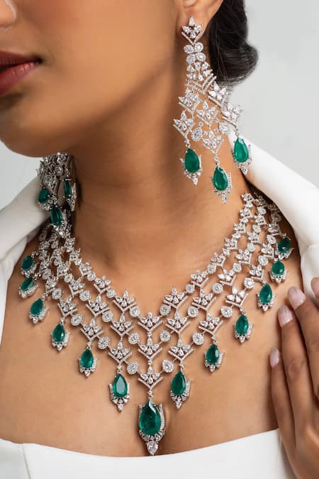 Zevar King Stone Studded Leaf Cutwork Necklace Set 