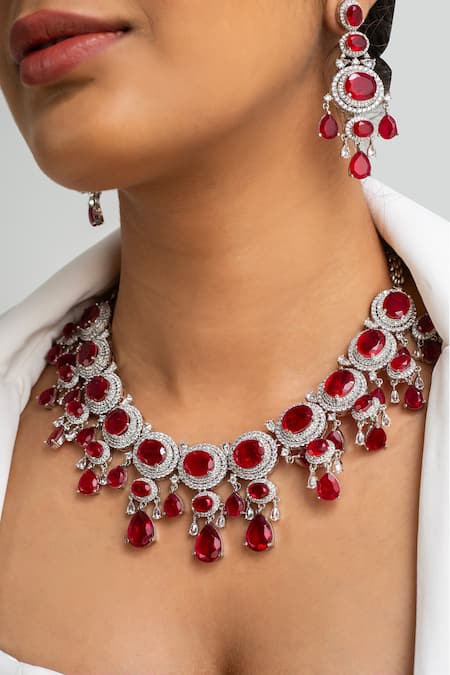 Zevar King_Red Stones Drop Necklace And Earring Set _Online_at_Aza_Fashions