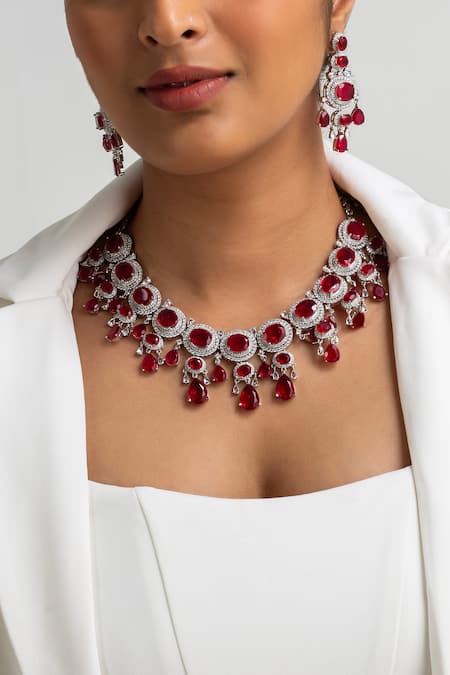 Zevar King Red Stone Drop Necklace & Earring Set 
