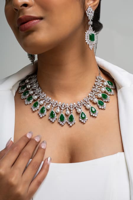 Zevar King Green Stone Embellished Necklace Set 