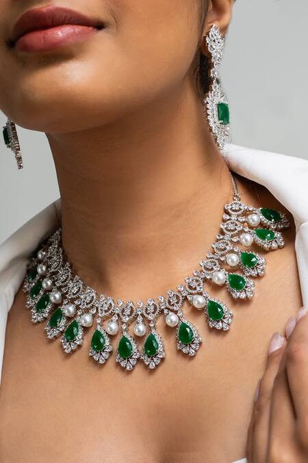 Zevar King_Green Stones Embellished Necklace Set _Online_at_Aza_Fashions
