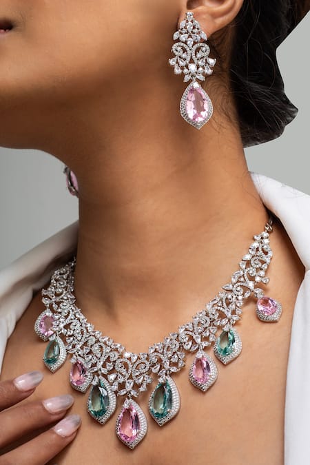 Zevar King_Multi Color Stones Multicolored Teardrop Necklace Set _Online_at_Aza_Fashions