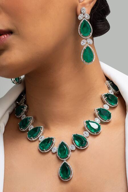 Zevar King Green Stones Teardrop Necklace Set Online at Aza Fashions Zevar King_Green Stones Teardrop Necklace Set _Online_at_Aza_Fashions