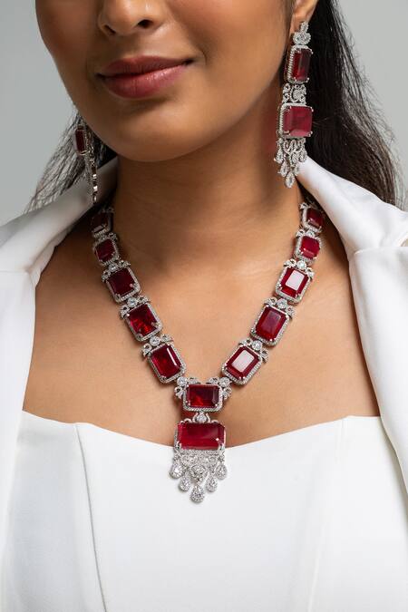Zevar King Red Stones Embellished Necklace Set Online at Aza Fashions Zevar King_Red Stones Embellished Necklace Set _Online_at_Aza_Fashions