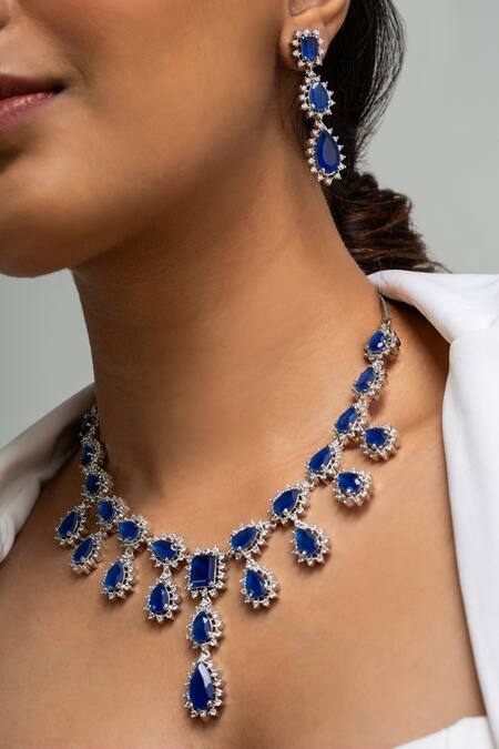 Zevar King Blue Stones Teardrop Necklace Set Online at Aza Fashions Zevar King_Blue Stones Teardrop Necklace Set _Online_at_Aza_Fashions
