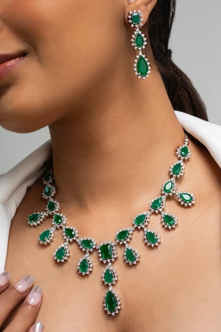 Zevar King_Green Stones Teardrop Necklace Set _Online_at_Aza_Fashions