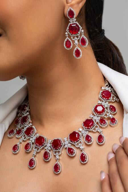 Zevar King_Red Stones Embellished Necklace Set _Online_at_Aza_Fashions
