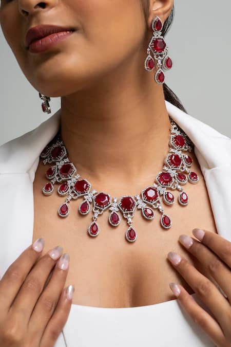 Zevar King Red Stone Embellished Necklace Set 