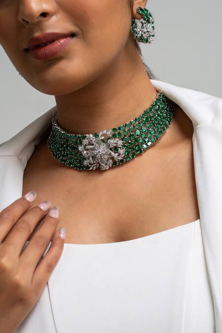 Zevar King_Green Stones, Beads Floral Choker Necklace Set _Online_at_Aza_Fashions