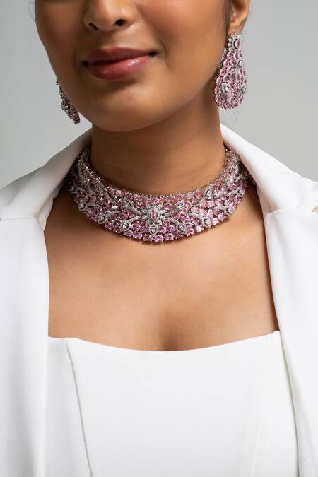 Zevar King Pink Stones Floral Embellished Choker Set Online at Aza Fashions Zevar King_Pink Stones Floral Embellished Choker Set _Online_at_Aza_Fashions