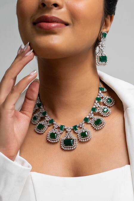 Zevar King Green Stones Chandelier Necklace Set Online at Aza Fashions Zevar King_Green Stones Chandelier Necklace Set _Online_at_Aza_Fashions