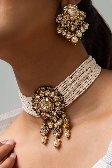 Zevar King White Stones, Pearls Embellished Choker And Earring Set Online at Aza Fashions Zevar King_White Stones, Pearls Embellished Choker And Earring Set _Online_at_Aza_Fashions