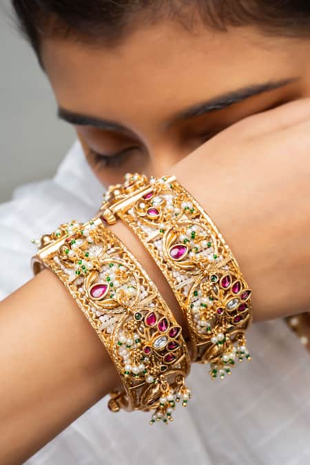 Zevar King Gold Stone & Pearl Embellished Bangle 