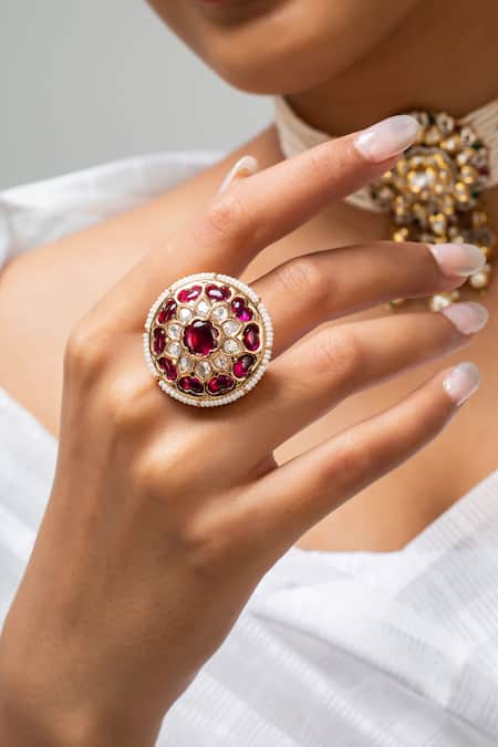 Zevar King Gold Plated Round Ring with Red Stones 