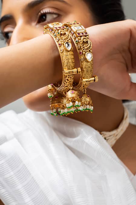Zevar King Gold Plated Carved Bangle With Stones 