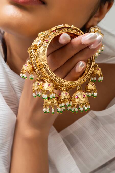 Zevar King_Multi Color Stones Gold Plated Carved Bangle With _Online_at_Aza_Fashions