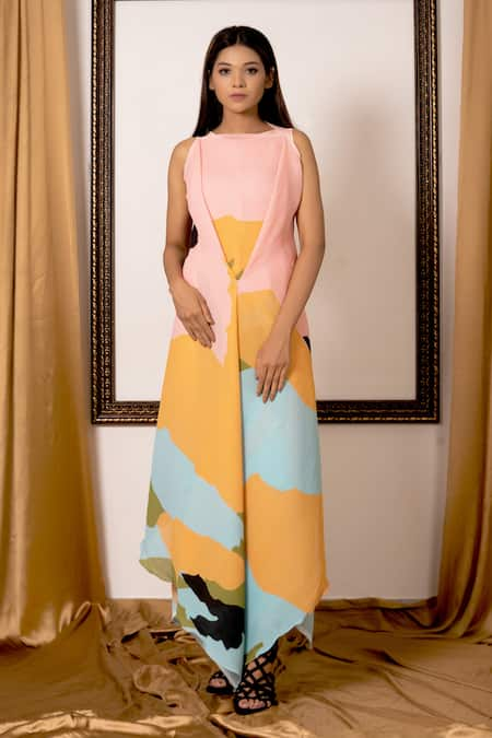 PREETI MEHTA Asymmetric Abstract Print Drape Tunic Set 