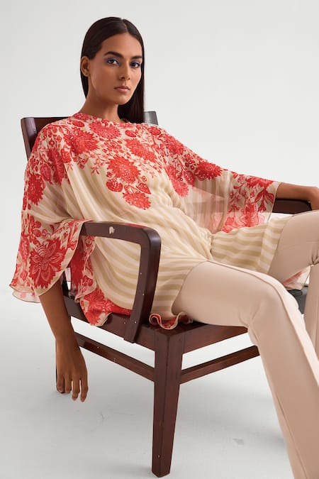 Namrata Joshipura Beige Georgette Embroidery, Sequins Round Floral Embellished Asymmetric Tunic Online at Aza Fashions Namrata Joshipura_Beige Georgette Embroidery, Sequins Round Floral Embellished Asymmetric Tunic _Online_at_Aza_Fashions