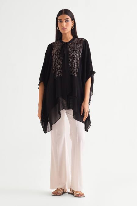 Namrata Joshipura_Black Georgette Beads Open Neck Embellished Layered Tunic _Online_at_Aza_Fashions