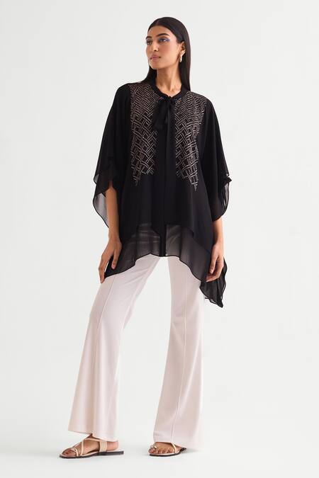 Buy_Namrata Joshipura_Black Georgette Beads Open Neck Embellished Layered Tunic _Online_at_Aza_Fashions