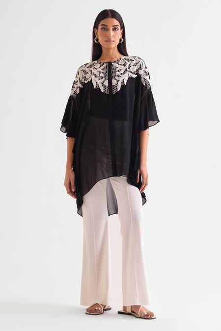 Namrata Joshipura Black Georgette Round Neck 3d Applique Asymmetric Tunic Online at Aza Fashions Namrata Joshipura_Black Georgette Round Neck 3d Applique Asymmetric Tunic _Online_at_Aza_Fashions