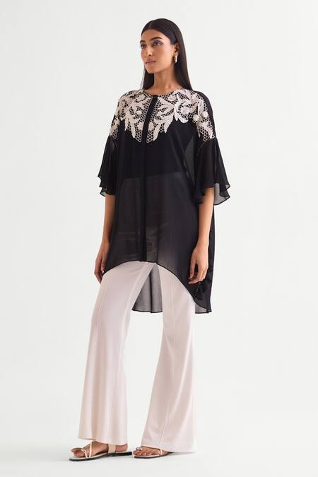 Buy Namrata Joshipura Black Georgette Round Neck 3d Applique Asymmetric Tunic Online at Aza Fashions Buy_Namrata Joshipura_Black Georgette Round Neck 3d Applique Asymmetric Tunic _Online_at_Aza_Fashions