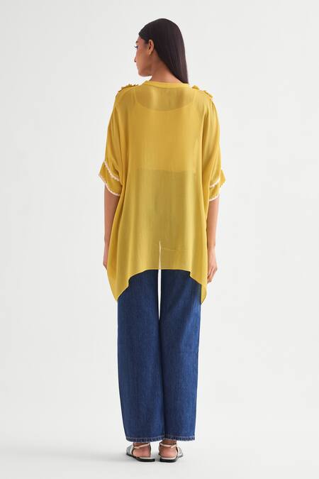 Shop_Namrata Joshipura_Yellow Georgette Embroidery Mandarin Canary Applique Floral Asymmetric Tunic _at_Aza_Fashions