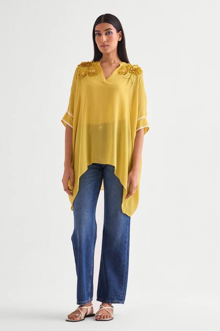 Buy_Namrata Joshipura_Yellow Georgette Embroidery Mandarin Canary Applique Floral Asymmetric Tunic _Online_at_Aza_Fashions