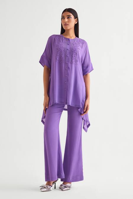 Namrata Joshipura_Purple Georgette Beads, Applique Round Neck Floral Asymmetric Tunic _Online_at_Aza_Fashions