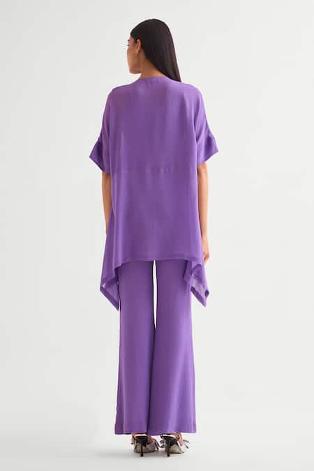 Shop_Namrata Joshipura_Purple Georgette Beads, Applique Round Neck Floral Asymmetric Tunic _at_Aza_Fashions