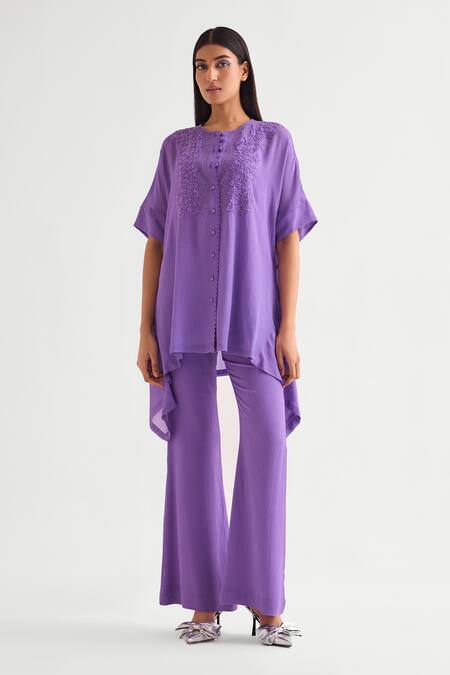 Buy_Namrata Joshipura_Purple Georgette Beads, Applique Round Neck Floral Asymmetric Tunic _Online_at_Aza_Fashions