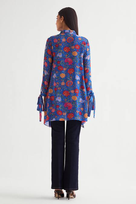 Shop_Namrata Joshipura_Blue Georgette Sequins, Embroidery Shawl Neck Floral Embellished Boxy Tunic _at_Aza_Fashions