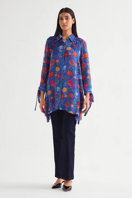 Buy_Namrata Joshipura_Blue Georgette Sequins, Embroidery Shawl Neck Floral Embellished Boxy Tunic _Online_at_Aza_Fashions