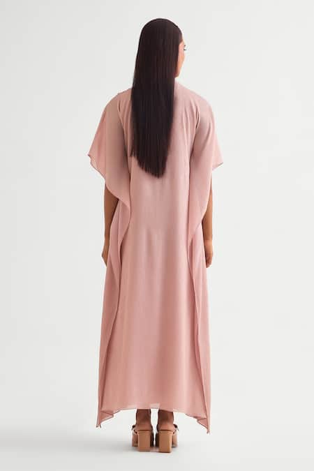 Shop_Namrata Joshipura_Pink Chiffon Beads, Applique Keyhole Neck Embellished Floral Kaftan _at_Aza_Fashions