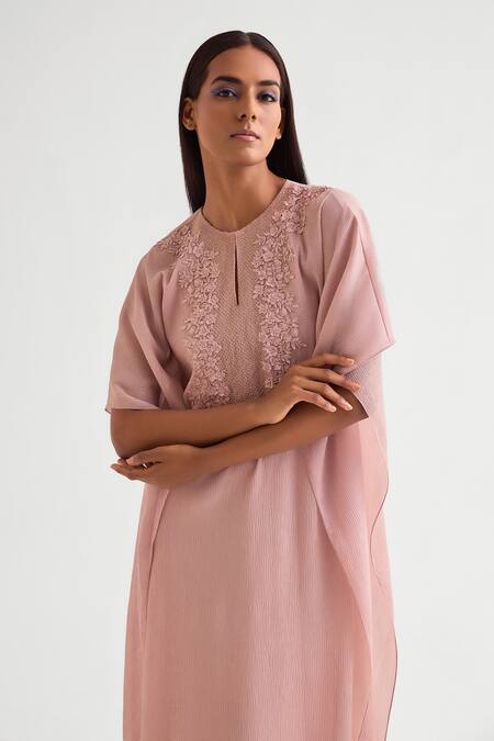 Namrata Joshipura_Pink Chiffon Beads, Applique Keyhole Neck Embellished Floral Kaftan _Online_at_Aza_Fashions