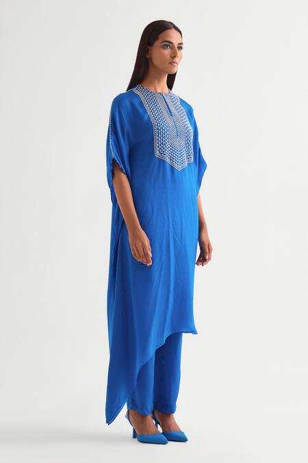 Namrata Joshipura Blue Satin Beads Keyhole Neck Embellished Asymmetric Kaftan Set Online at Aza Fashions Namrata Joshipura_Blue Satin Beads Keyhole Neck Embellished Asymmetric Kaftan Set _Online_at_Aza_Fashions