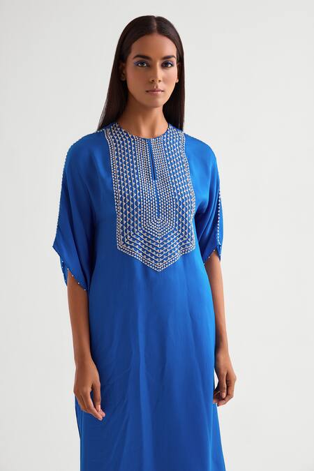 Buy Namrata Joshipura Blue Satin Beads Keyhole Neck Embellished Asymmetric Kaftan Set Online at Aza Fashions Buy_Namrata Joshipura_Blue Satin Beads Keyhole Neck Embellished Asymmetric Kaftan Set _Online_at_Aza_Fashions