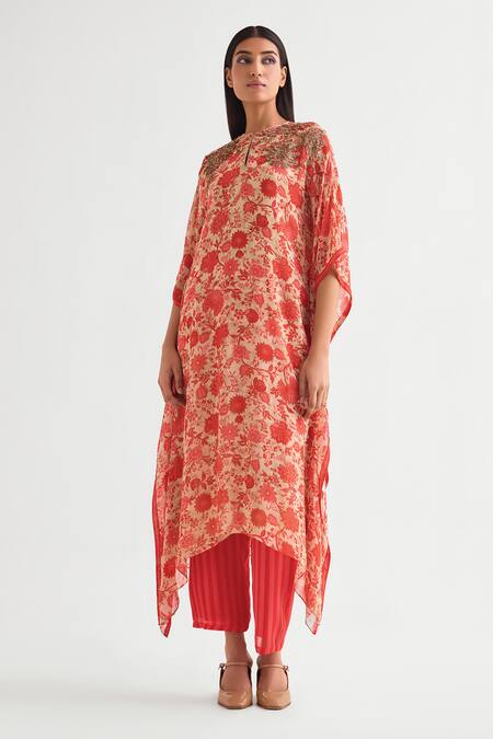 Namrata Joshipura Beige Georgette Sequins Keyhole Neck Embellished Asymmetric Kaftan And Pant Set Online at Aza Fashions Namrata Joshipura_Beige Georgette Sequins Keyhole Neck Embellished Asymmetric Kaftan And Pant Set _Online_at_Aza_Fashions