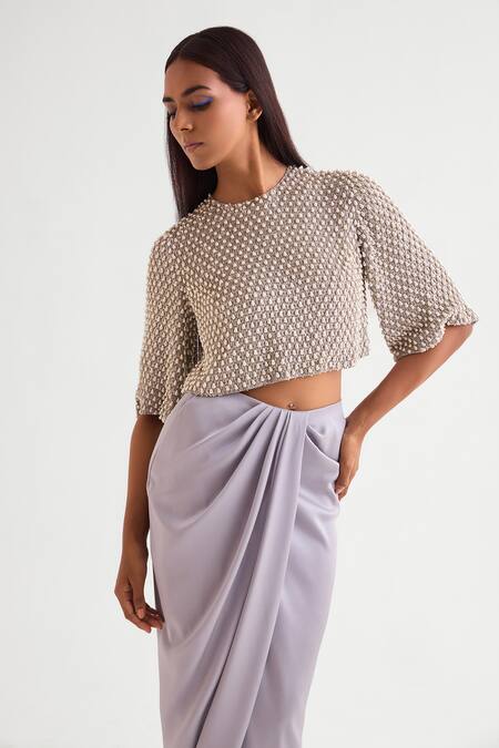 Namrata Joshipura_Gray Satin, Georgette Pearls, Sequins Embellished Crop Top And Draped Skirt Set _Online_at_Aza_Fashions
