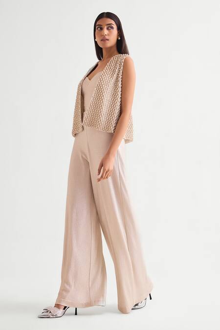 Namrata Joshipura Pink Jersey Pearls, Sequins Open Neck, Embellished Jacket And Jumpsuit Set Online at Aza Fashions Namrata Joshipura_Pink Jersey Pearls, Sequins Open Neck, Embellished Jacket And Jumpsuit Set _Online_at_Aza_Fashions