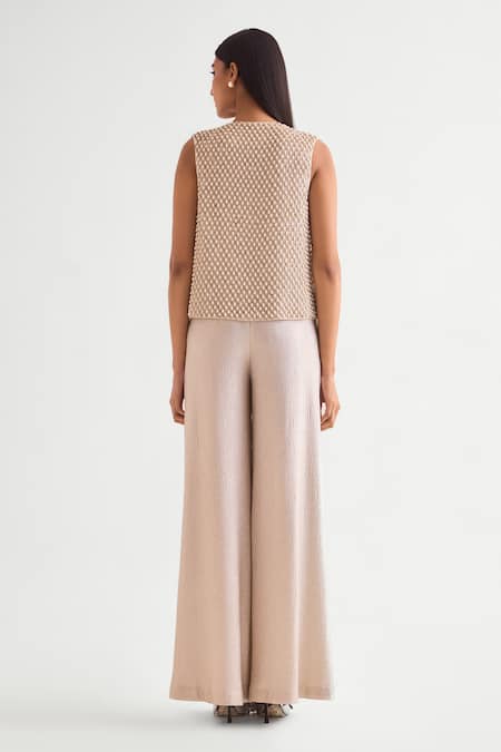 Shop Namrata Joshipura Pink Jersey Pearls, Sequins Open Neck, Embellished Jacket And Jumpsuit Set at Aza Fashions Shop_Namrata Joshipura_Pink Jersey Pearls, Sequins Open Neck, Embellished Jacket And Jumpsuit Set _at_Aza_Fashions