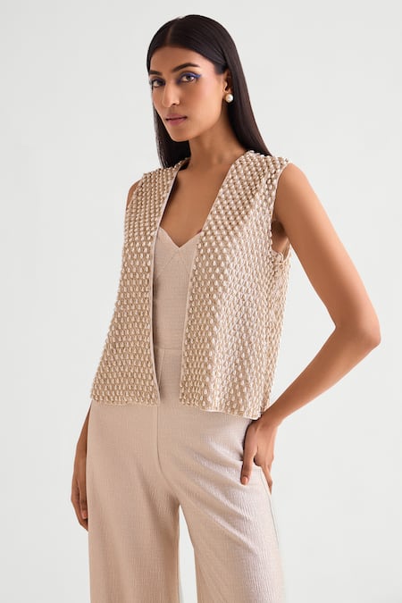 Buy Namrata Joshipura Pink Jersey Pearls, Sequins Open Neck, Embellished Jacket And Jumpsuit Set Online at Aza Fashions Buy_Namrata Joshipura_Pink Jersey Pearls, Sequins Open Neck, Embellished Jacket And Jumpsuit Set _Online_at_Aza_Fashions