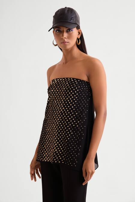 Namrata Joshipura Black Georgette Sequins Off-shoulder Embellished Strapless Top And Flared Pant Set Online at Aza Fashions Namrata Joshipura_Black Georgette Sequins Off-shoulder Embellished Strapless Top And Flared Pant Set _Online_at_Aza_Fashions